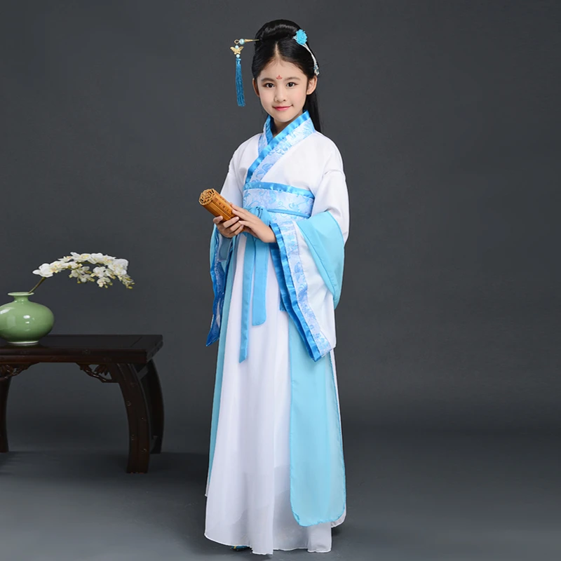 Blue Традиционная китайская одежда для девочек, Hanfu, платье с длинными рукавами, для сцены, праздника, наряд принцессы, древние костюмы - Цвет: Blue