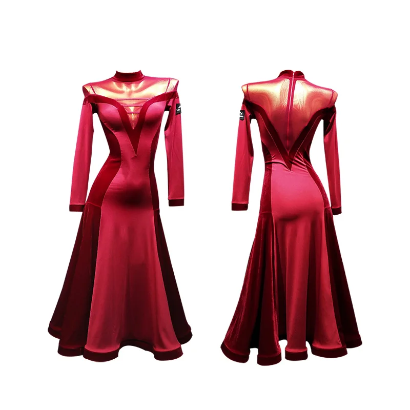 Новые платья для конкурса бальных танцев красный Вальс платье День рождения