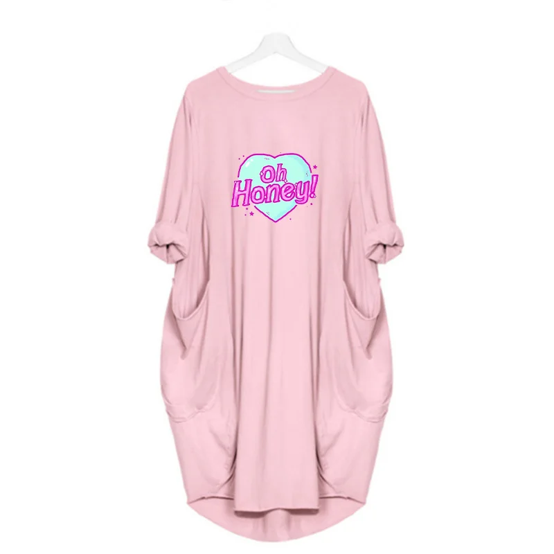 

Love Letter Print Plus Size Women Dress Casual Autumn Knee Length Dresses Long Sleeve O-Neck Pocket Female Vintage Vestidos 2020