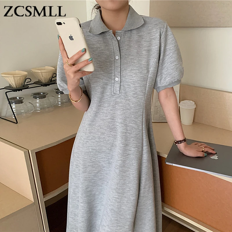 

ZCSMLL Temperament casual Polo collar pleated dresses slimming solid color over the knee long puff sleeve dress female Korea