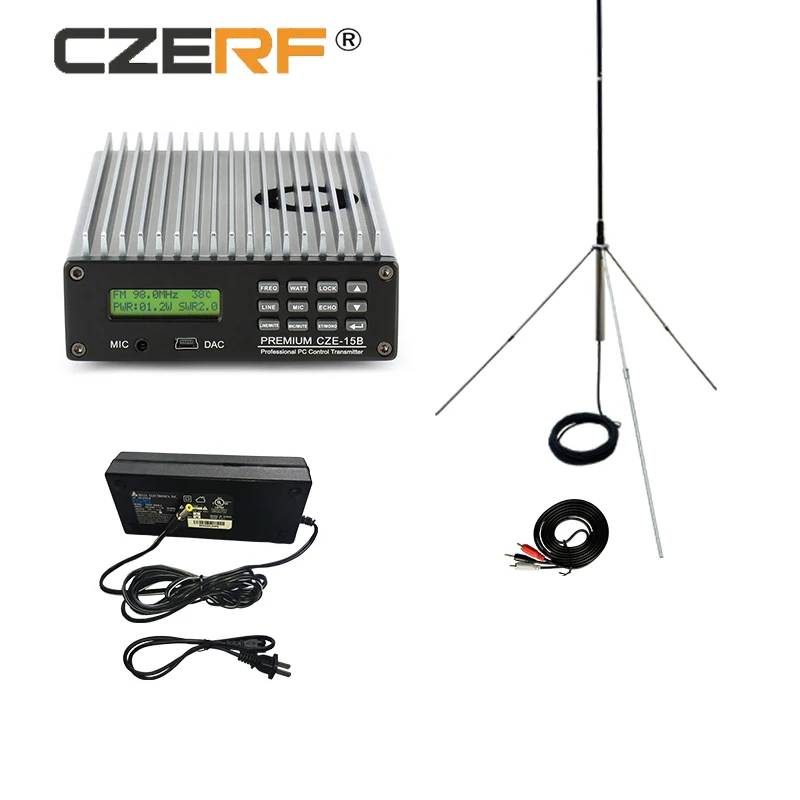 

CZE-15B 0w to 15w wireless fm transmitter with 1/4 wave GP aluminum antenna kits for Radio Station broadcasting