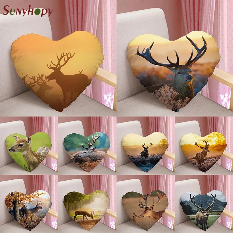 

Deer Heart Shape Custom Throw Pillows Pillowcase Zippered Satin Fabric Cushion Home Decoration-090ZLL
