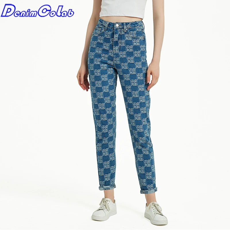 

Модные прямые брюки Denimcolab с китайским принтом 2021, джинсы для женщин, джинсы-бойфренды с высокой талией, брюки, женские свободные повседневны...