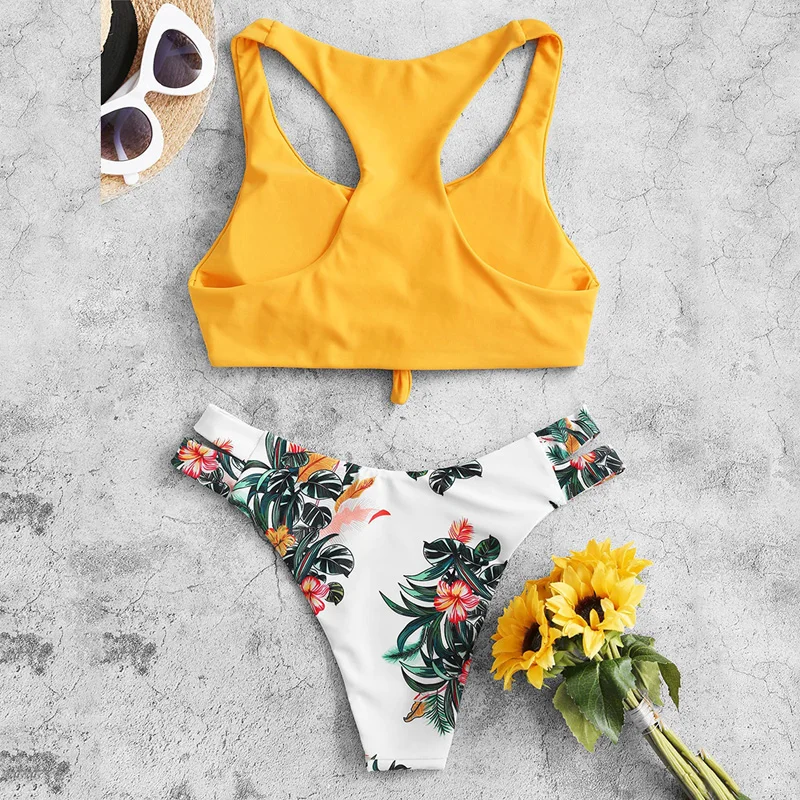 Купальный костюм с высокой талией и цветочным принтом купальник-бикини пуш-ап