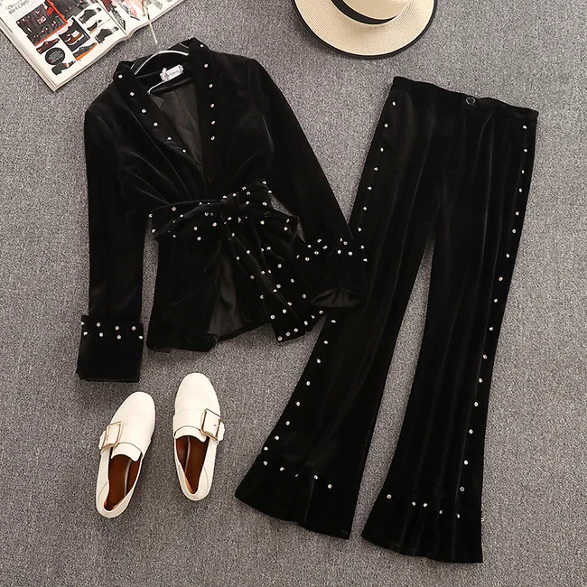 Осенний костюм 2019 новый темперамент и декоративной жемчужной отделкой куртка +