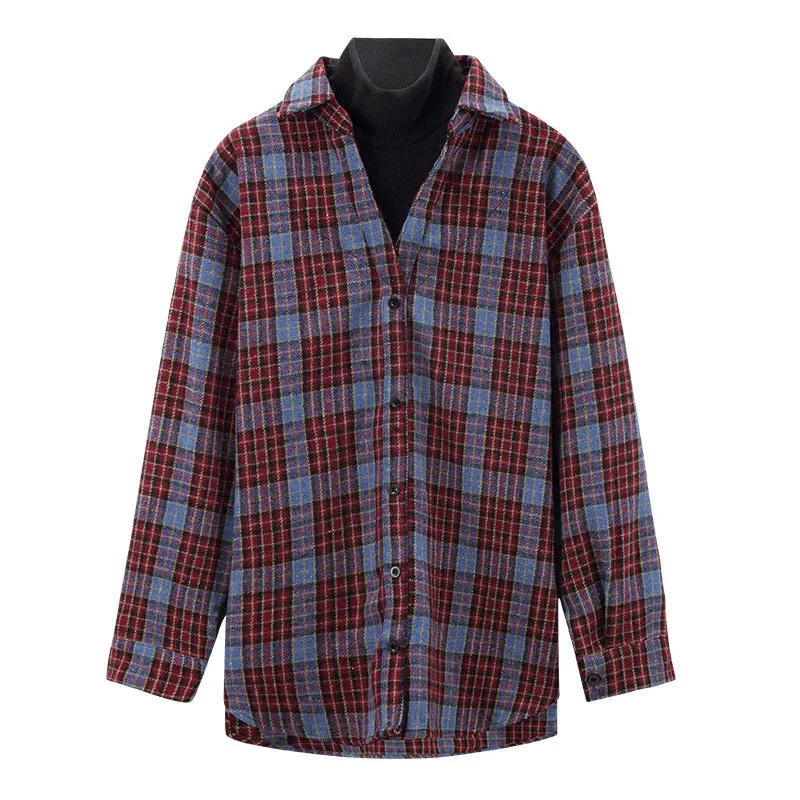 

Plaid Fake Two-Piece Patchwork Turtleneck Female Knitted Shirt 2020 Autumn Winter Long Sleeve Casual Loose Women Blouse Tops