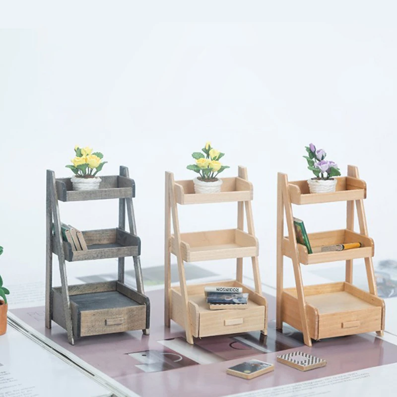 

1pc 1/12 Dollhouse Miniature Wooden Rack Flower Stand Three Shelves Drawers Plain Planters Mini Furniture Model Micro Scene