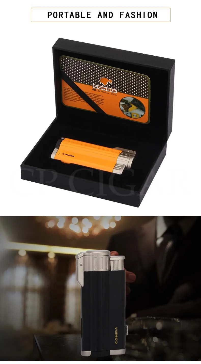 COHIBA карманные зажигалки для сигар 3 струйный фонарь ветрозащитная зажигалка бутан металлическая портативная Зажигалка для прикуривателя многоразовая W/Подарочная коробка
