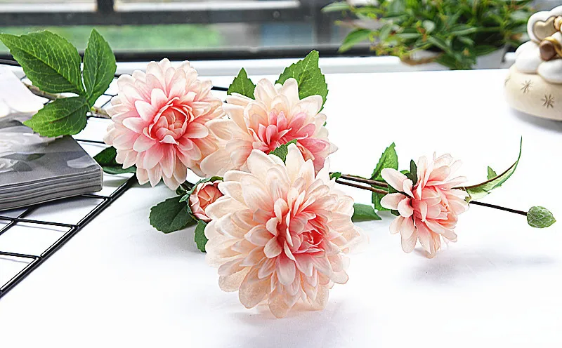Роскошный длинный стебель Dahlia Guanyin Искусственные цветы из шелка DIY Свадебные украшения на день рождения Домашний декор для стола Флорес