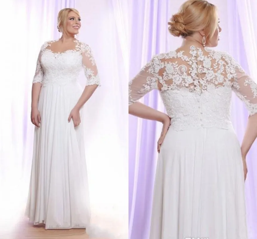 

Plus Size Beach Wedding Dresses 2021 New Custom Floor Length Half Sleeve Chiffon Lace Modest Bridal Gowns Vestidos De Mariee