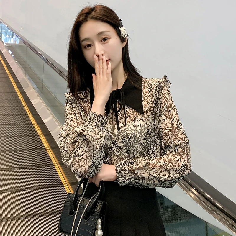 

Chiffon Women's Blouse Polo Girl's Shirt Spring Autumn Clothing Casual Fashion Print Long Sleeve Top Lady Blusas Houthion