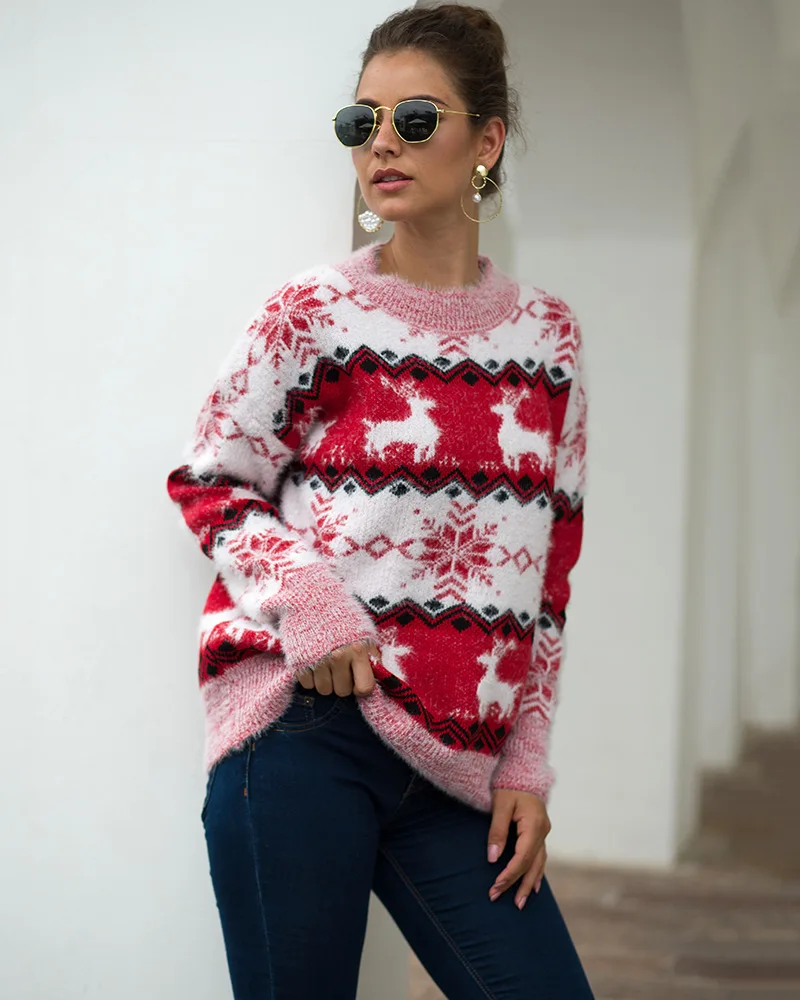 

Women's Christmas Sweater 2021 Autumn Winter Knitted Ribbed Sweater Pullover Casual O-neck Slim Hedging Fashion Warm Sweater XL