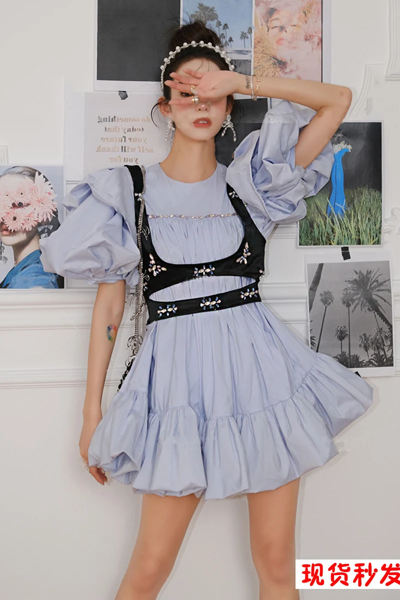 

Summer 2021 New Diamond-Embedded Pleated Waist Pettiskirt French Rhinestone Puff Sleeve Vest Camisole Dress Suit Fairy