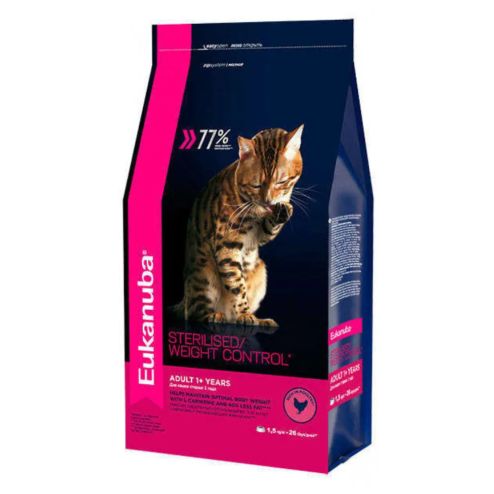 Сухой корм для кошек Eukanuba Sterilised/Weight control, для стерелизованных, контроль веса, 1.5кг