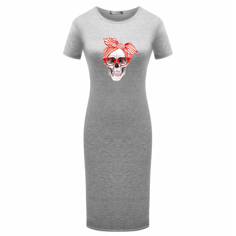 

Plus Size Womens Bodycon Dress Scarf Skull Print Summer Short Sleeve Black Long Dress Sukienka O Neck Casual Party Pencil Dress