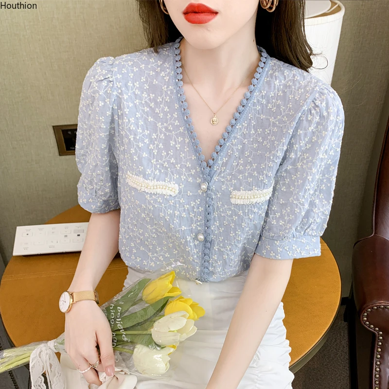 

Women's Blouses Chiffon Shirt V-neck Lace Shirts Slim Solid Fashion Top Short Sleeve Tops Lady Casual Blouse Buttons Houthion