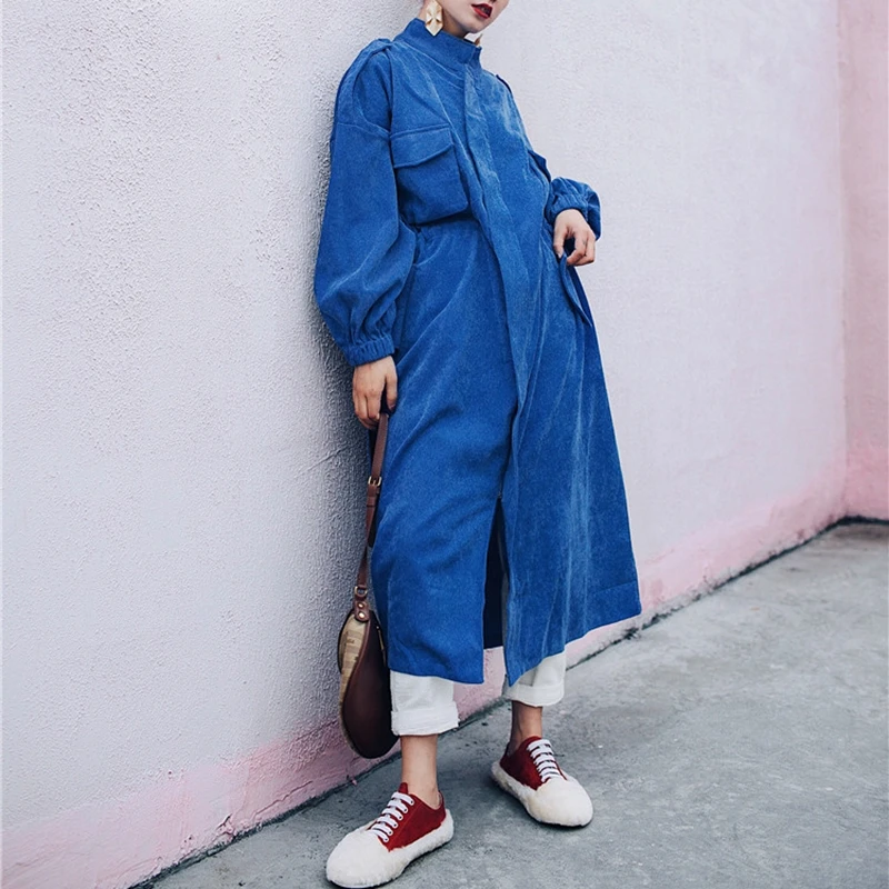 RealShe длинное пальто для женщин стоячий воротник рукав фонарик сплошные пакеты