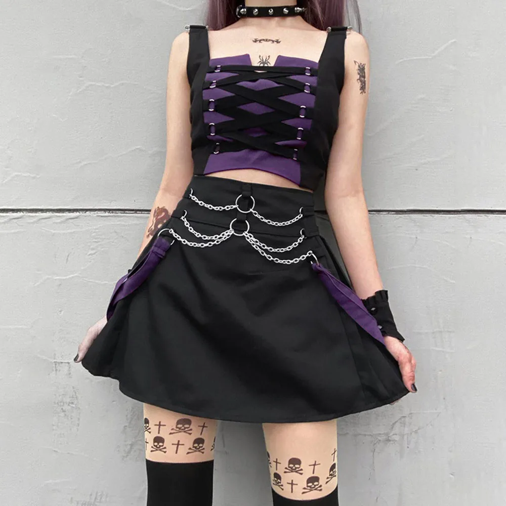 

Two Piece Sets Autumn New 2021 Fashion Womens Gothic Bandage Cross Color Contrast Splicing The Chain High Waist A Skirt