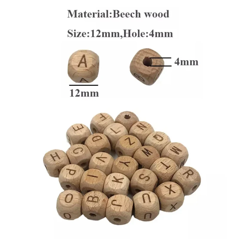 Cuentas cuadradas de madera del alfabeto para beb&eacute;s, Cuentas de letras a-z para beb&eacute;s, masticables, accesorios de cadena de chupete de lactancia, 5 uds.-2