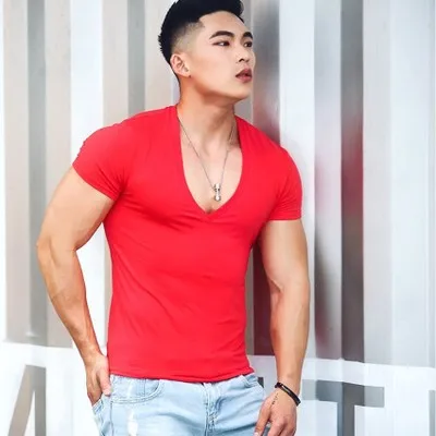 

Sexy Men's Summer Deep V-neck Slim Fit Short Sleeve Cotton Casual T-Shirts Tops Solid Color