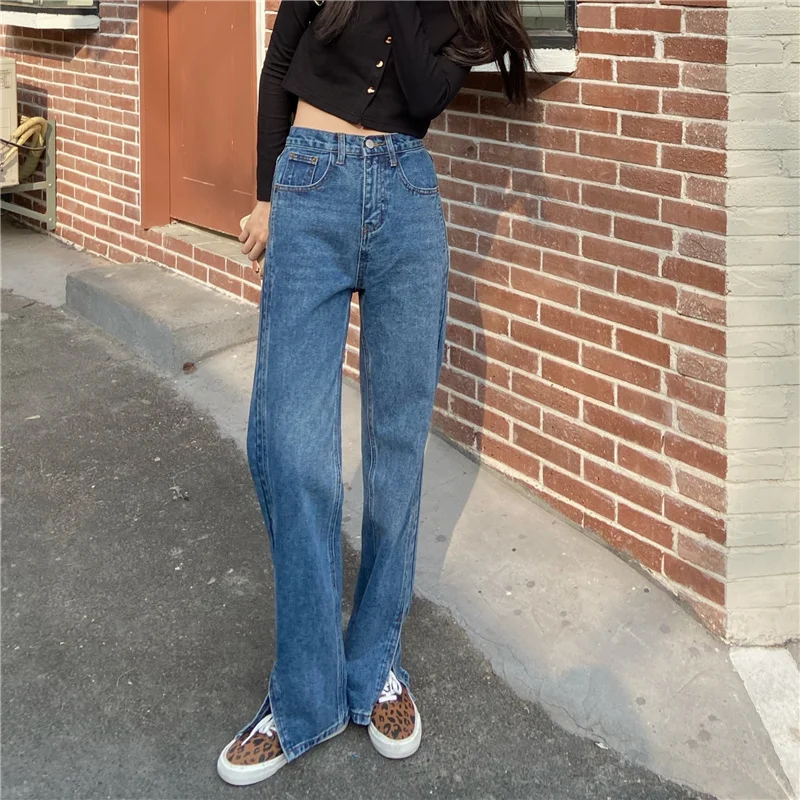 

YTX709 Korean version of the 2021 new high-waisted thin and small split wide-leg mopping trousers popular jeans