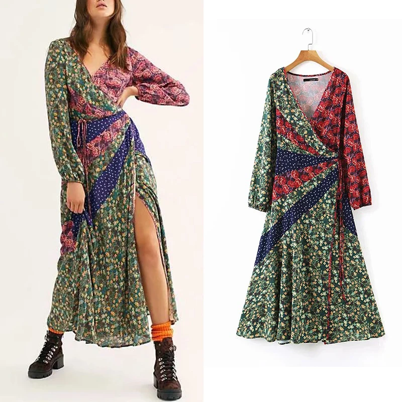 Женское платье с цветочным принтом длинным рукавом и V образным вырезом|Женские