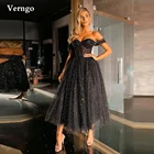Блестящие черные тюлевые платья в горошек Verngo для выпускного вечера с открытыми плечами Сексуальные вечерние платья для милой вечеринки 2021 вечернее платье длиной ниже колена