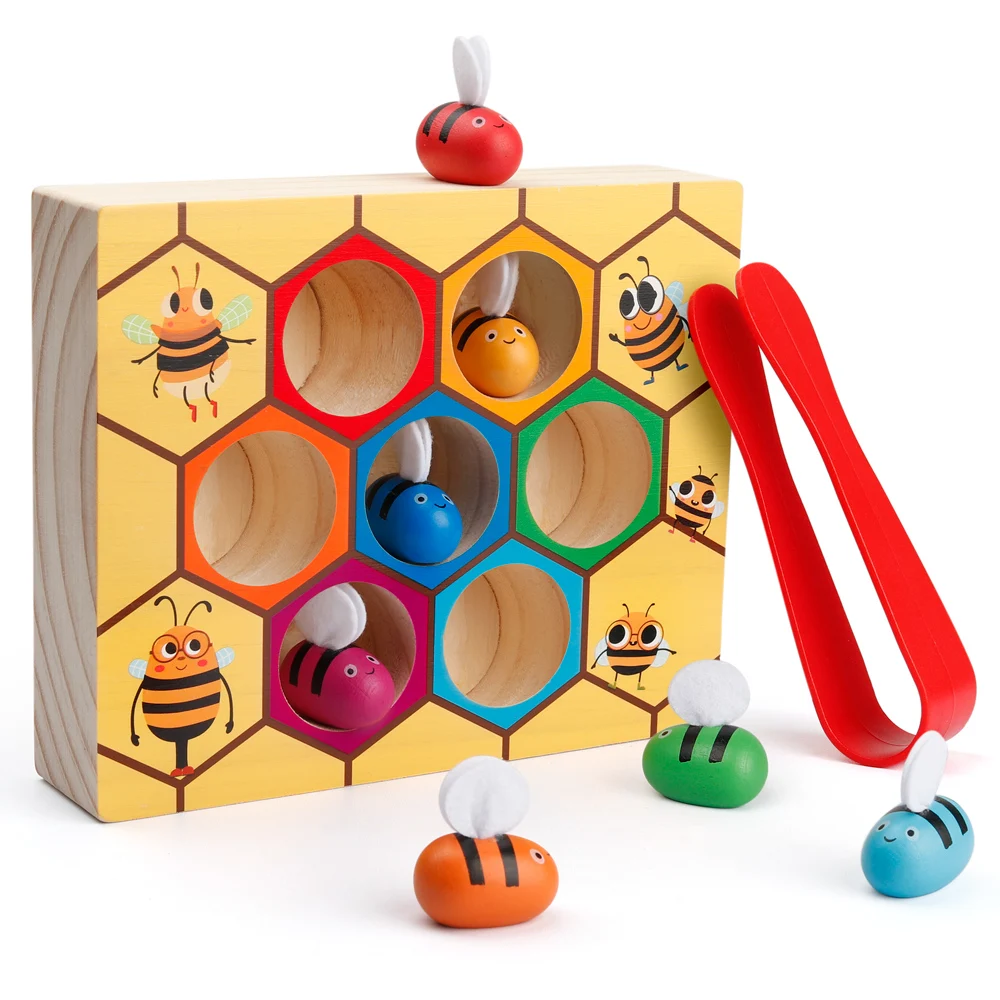 

Coogam Toddler Fine Motor Skill Toy,Clamp Bee to Hive Matching Game,Color Sorting Wooden Puzzle Toy Gift for 2 3 4 Years Old Kid