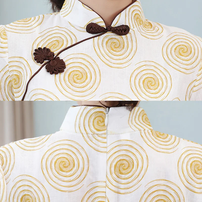 

Chinese Cheongsam Midi Dress Women Summer 2020 Slim Sexy Short Sleeve Split Handmade Button Cheongsams Elegant Print Qipao Dress