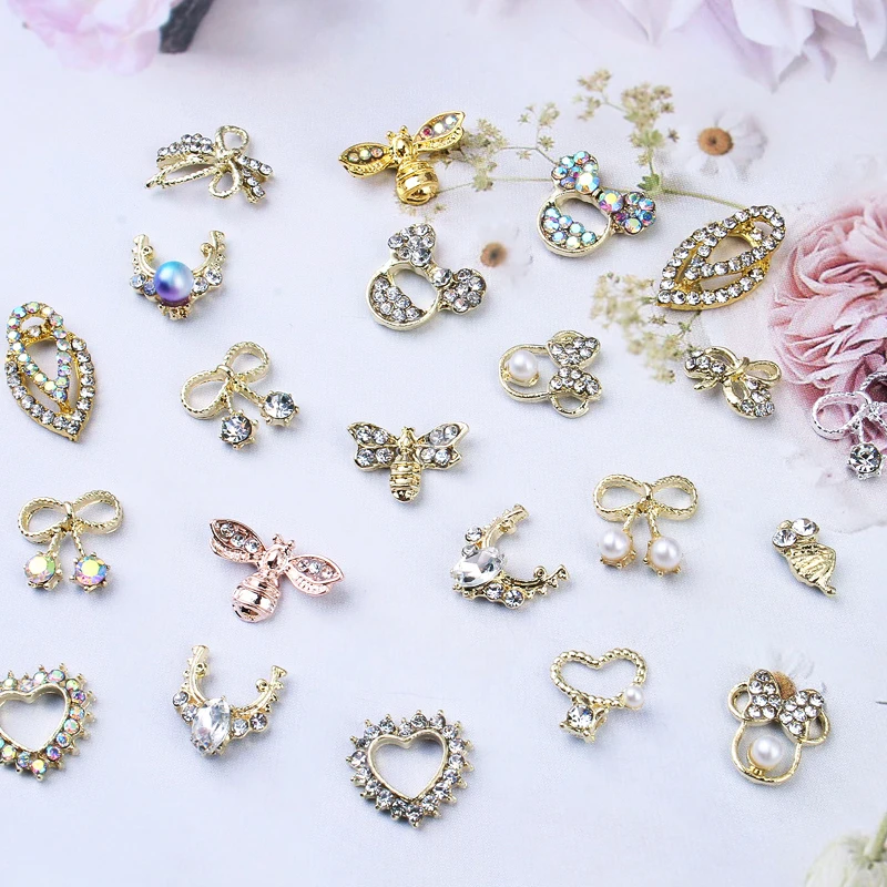

20Types 3D Zircon Nail Charms Cartoon Mouse/Cherry/Necklace Multi-shape Jewelry Metal Heart Bee Alloy Decors Manicure Accessorie