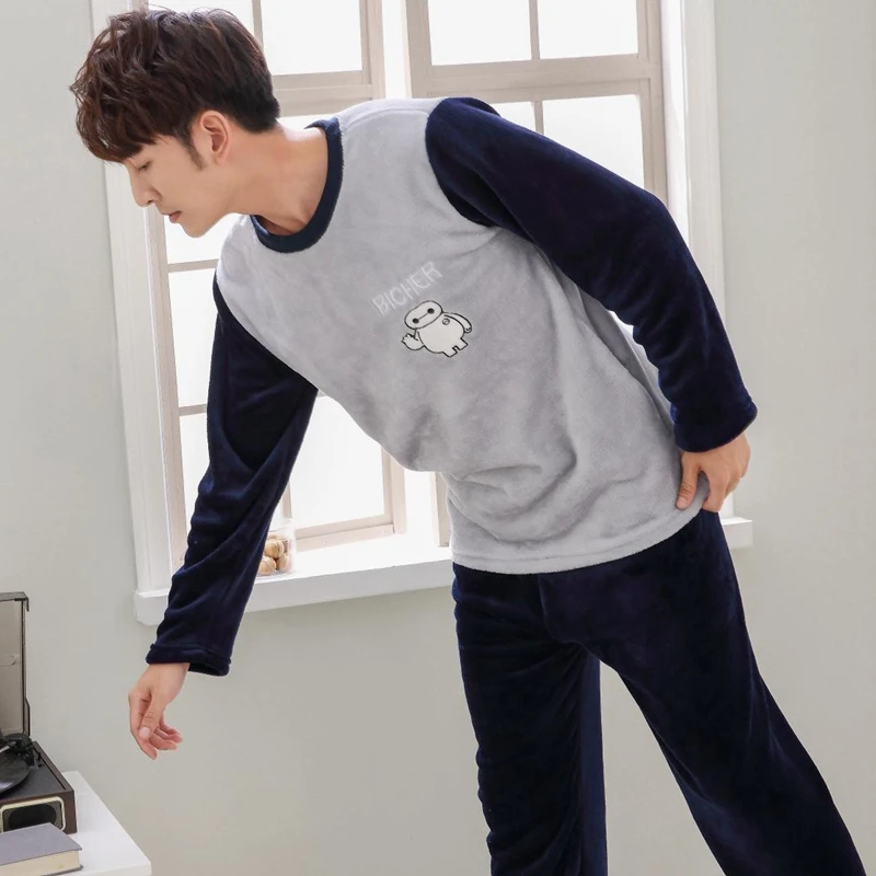 2019 зимняя плотная теплая Фланелевая пижама с рисунком для мужчин Коралловая