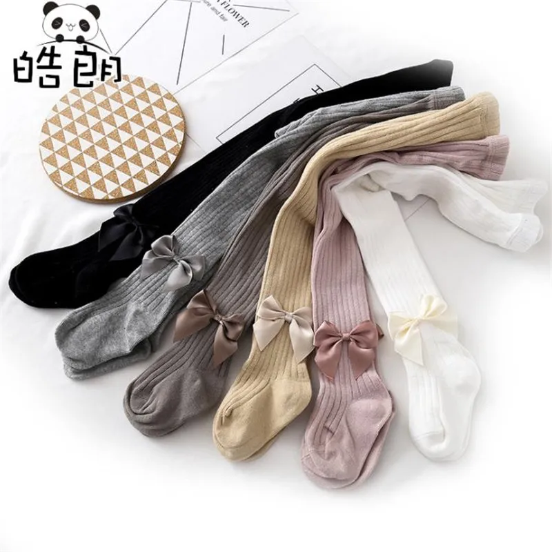 Однотонные зимние колготки для маленьких девочек хлопковые мягкие с бантом 6