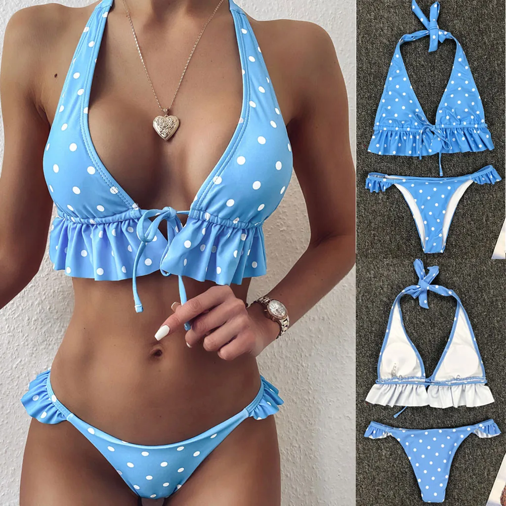

Solid Print Bikini Set Solid Swimsuit Sexy Ruffle Swimwear Women Bathing Suit Female Summer Backless Beachwear Biquinis Mujer