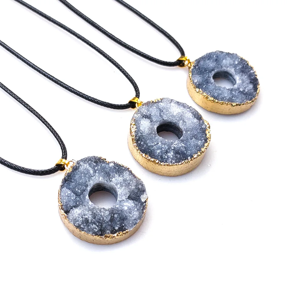 

Natural Sun Galaxy Agate Crystal Cluster Raw Stone Pendant Plated Edge Loop Necklace Sweater Chain