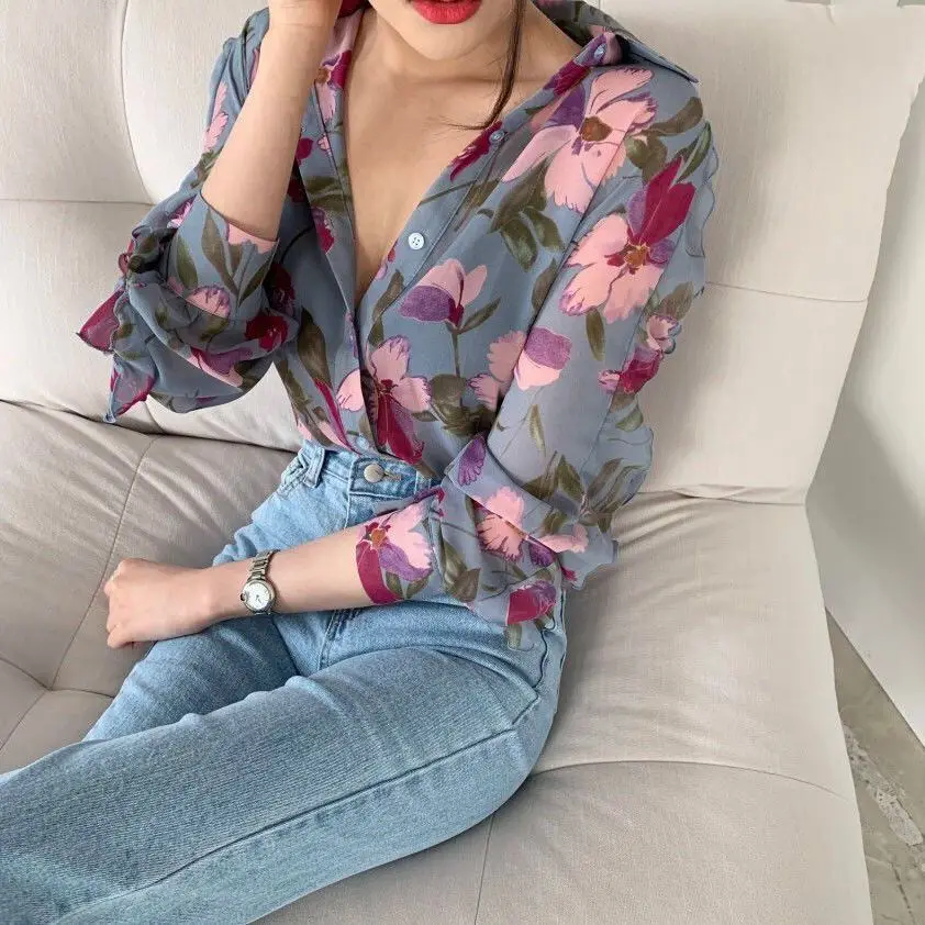 

Floral Chiffon shirt long sleeve western style shirt thin style spring summer autumn fat sister large women's dress