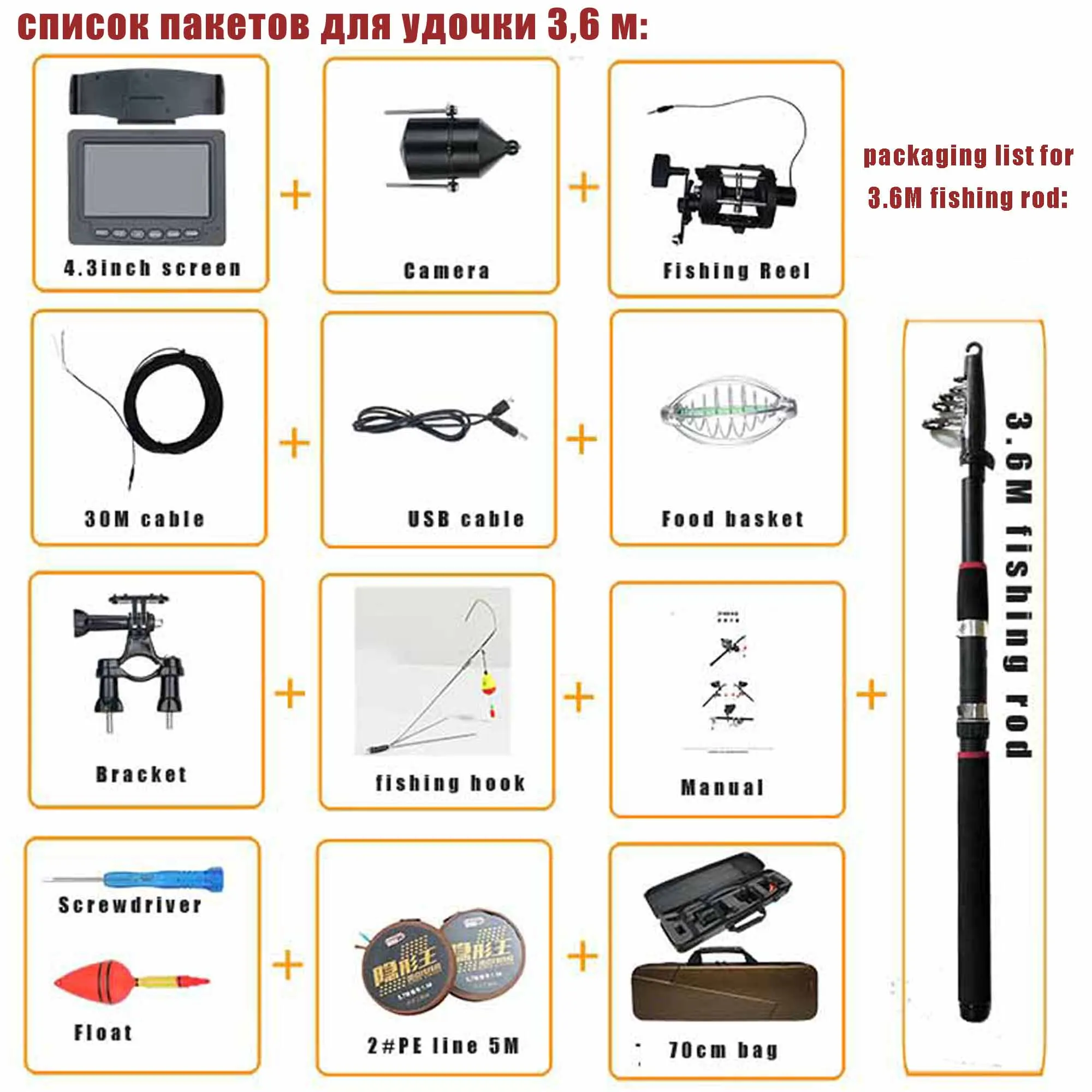 

GAMWATER 4.3 inch Underwater Fishing Video Camera Kit with fishing hooks fishing wheel 3.6M fishing rod Fishing Bag