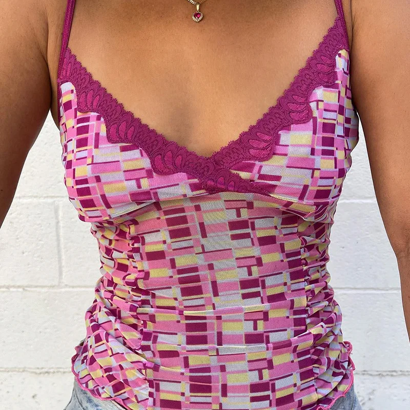 

2021 summer European and American fashion sexy lace mesh small sling sexy personality plaid printing bottoming top