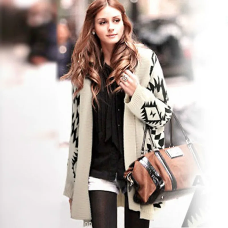 Вязаное пальто Свободный кардиган с большими лацканами и геометрическим узором