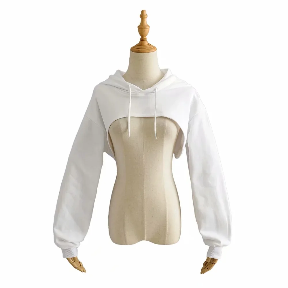 

European and American Bandage Dress Ultra-Short Drawstring Hoodie Women's Pure Color All-Matching Long-Sleeved Hoodie