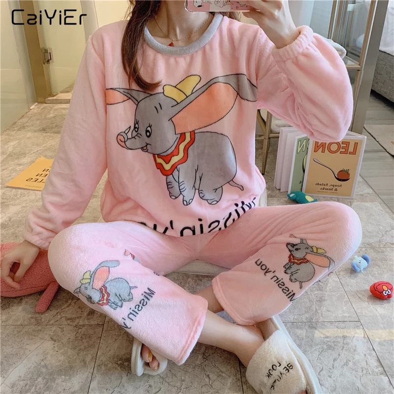 Caiyier/комплект зимних пижам милая розовая пижама с принтом Дамбо плотная
