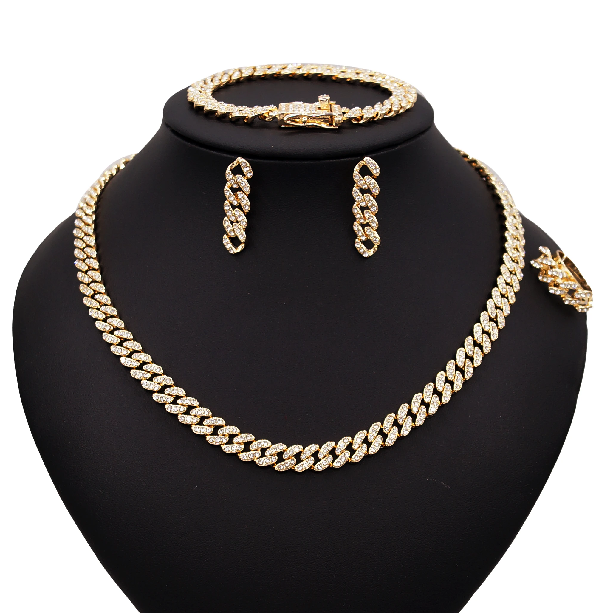 

Yulaili Hip Hop Style Cuban Chain Gypsophila Jewelry Sets Women's Cuban Necklace Bracelet Earring Ring Four Pc Jewelry Set X0101