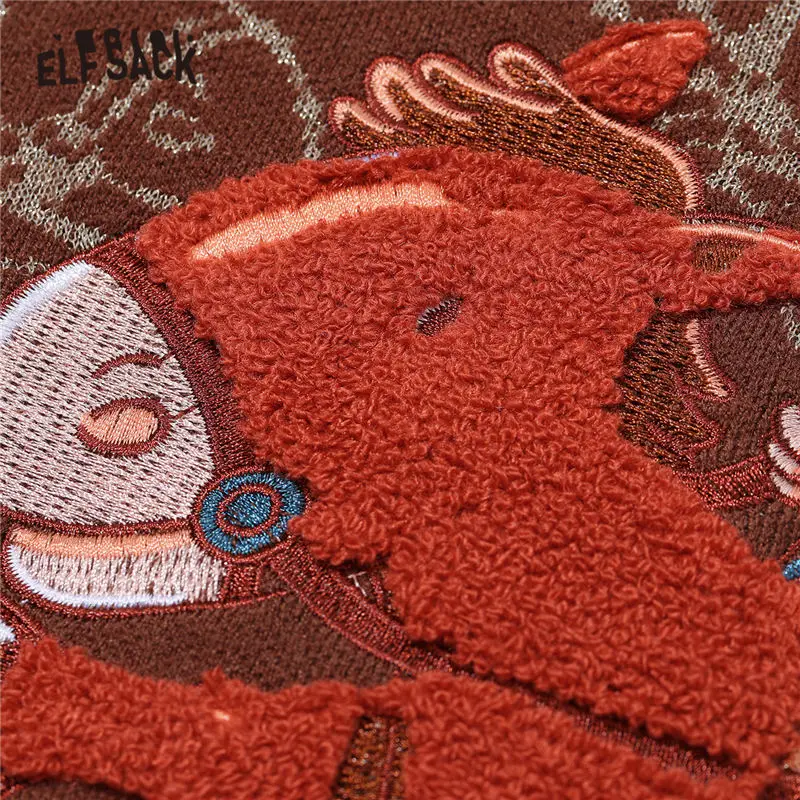 ELFSACK Confucius Jacquard Casual Pullover Knit Sweaters Women,2020 Winter ELF Vintage Towel Embroidery Ladies Daily Soft Tops