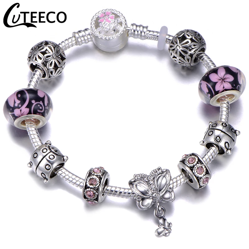 CUTEECO 925, модный серебряный браслет с шармами, браслет для женщин, Хрустальный цветок, сказочный шарик, подходит для брендовых браслетов, ювелирные изделия, браслеты