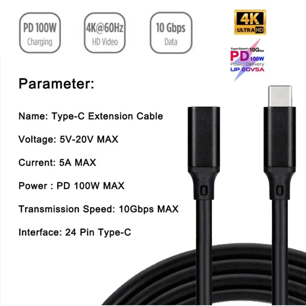 Кабель-удлинитель USB C, Тип C, USB 3,1, штекер-гнездо, 10 фунтов, 4K @ 60 Гц