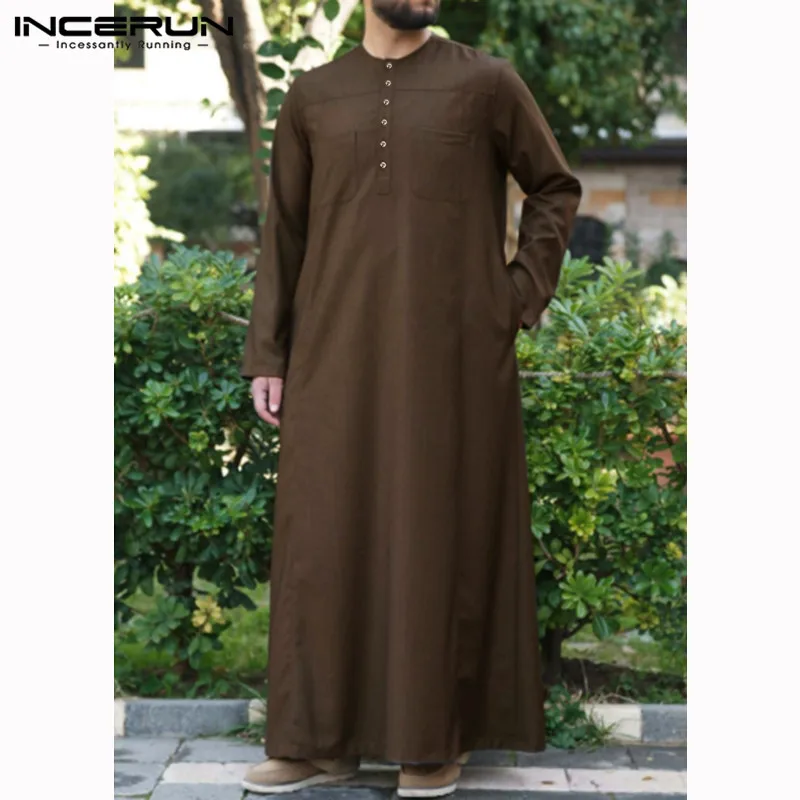 

INCERUN Jubba Thobe мужской мусульманский исламский кафтан с длинным рукавом однотонный халат с карманами винтажный Арабский Дубай мужской Thobe Abaya ...