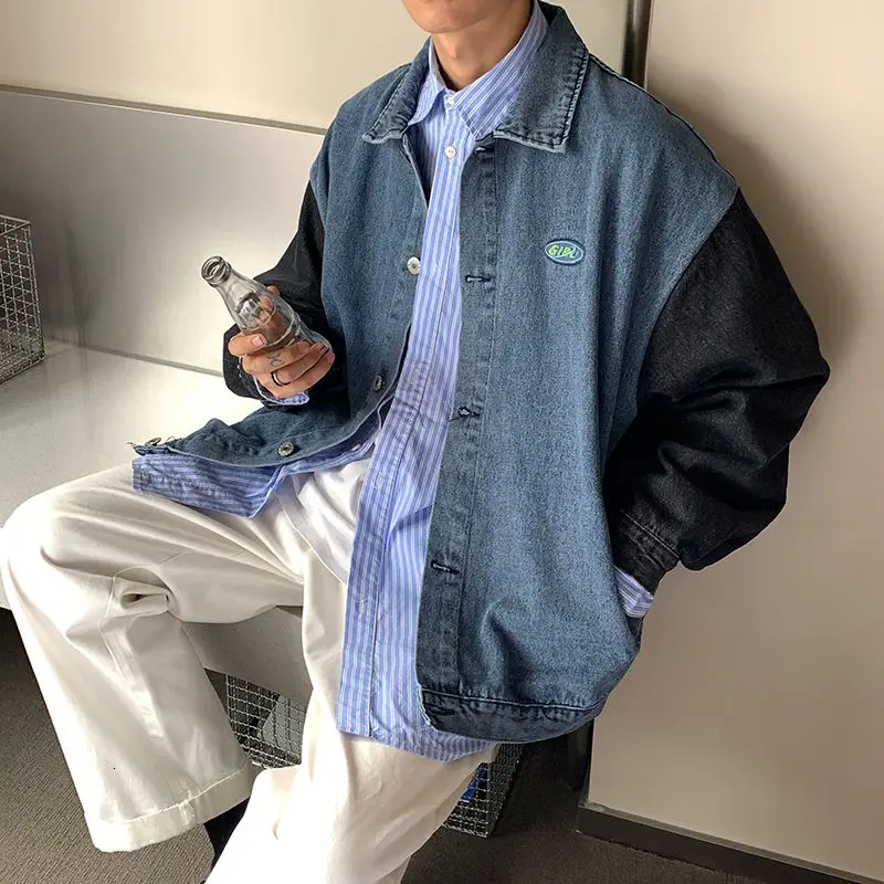 

Casual Denim Jacket Student Spring Stitching Long Sleeve Washed Denim Jacket Classic All-match Coat Male Clothes Streetwear Tops