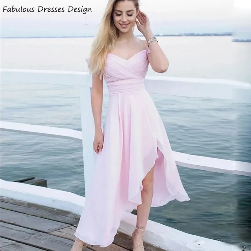 

Formal Ankle Length 2020 Prom Dresses Off The Shoulder Split A Line Vestidos Pink Chiffon Long Evening Dress Party For Women