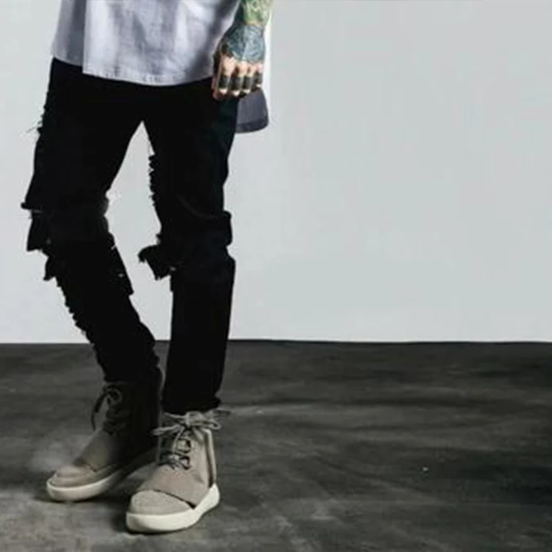 Джинсы-Карандаш мужские стрейчевые дышащие зауженные штаны с дырками большие