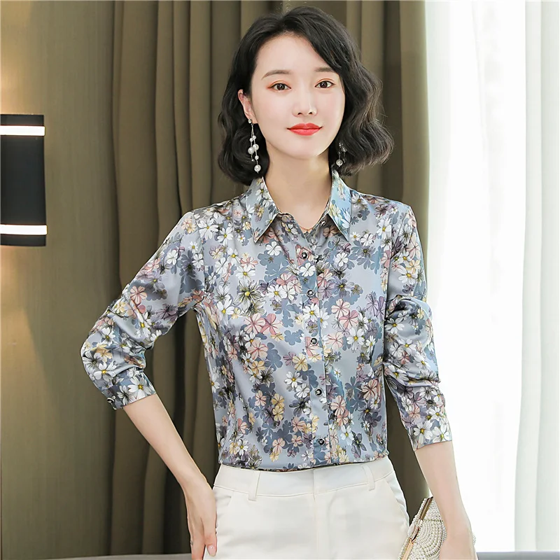 

Chiffon Women's Blouse Print Polo Girl's Shirt Summer Loose Silk Long Sleeve Top Button Casual Office Lady Blusas Houthion