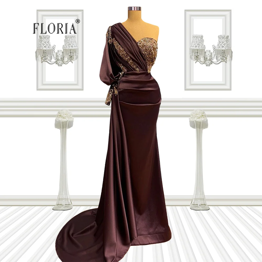 

Темно-коричневые вечерние платья Floria на одно плечо с вышивкой из бисера, атласное вечернее платье для выпускного вечера